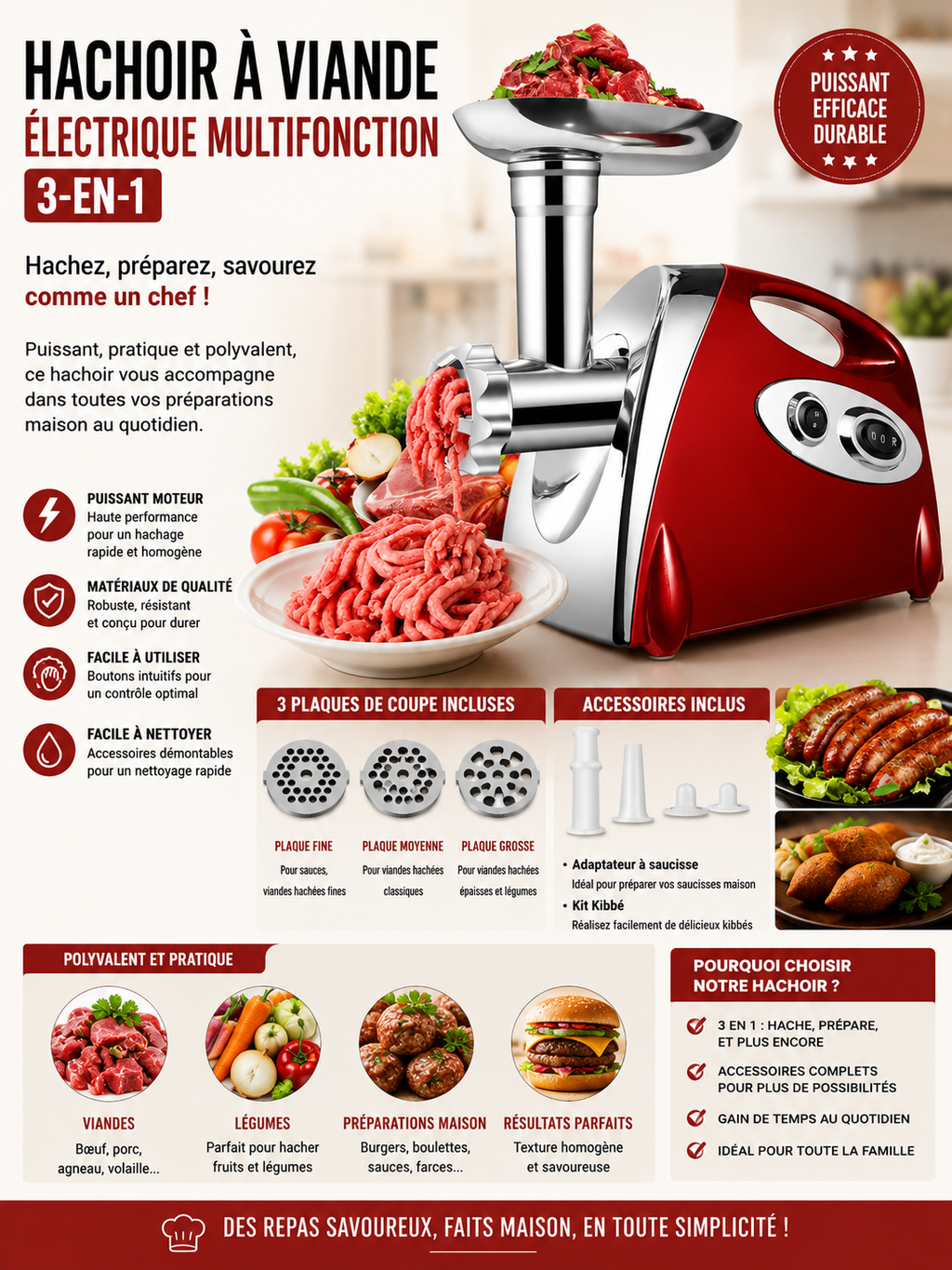 Hachoir à Viande Électrique Multifonction Premium 3-en-1