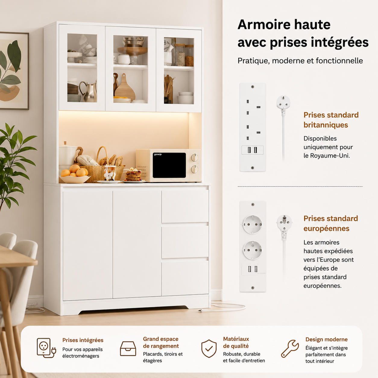 Buffet de cuisine avec prises intégrées et éclairage LED