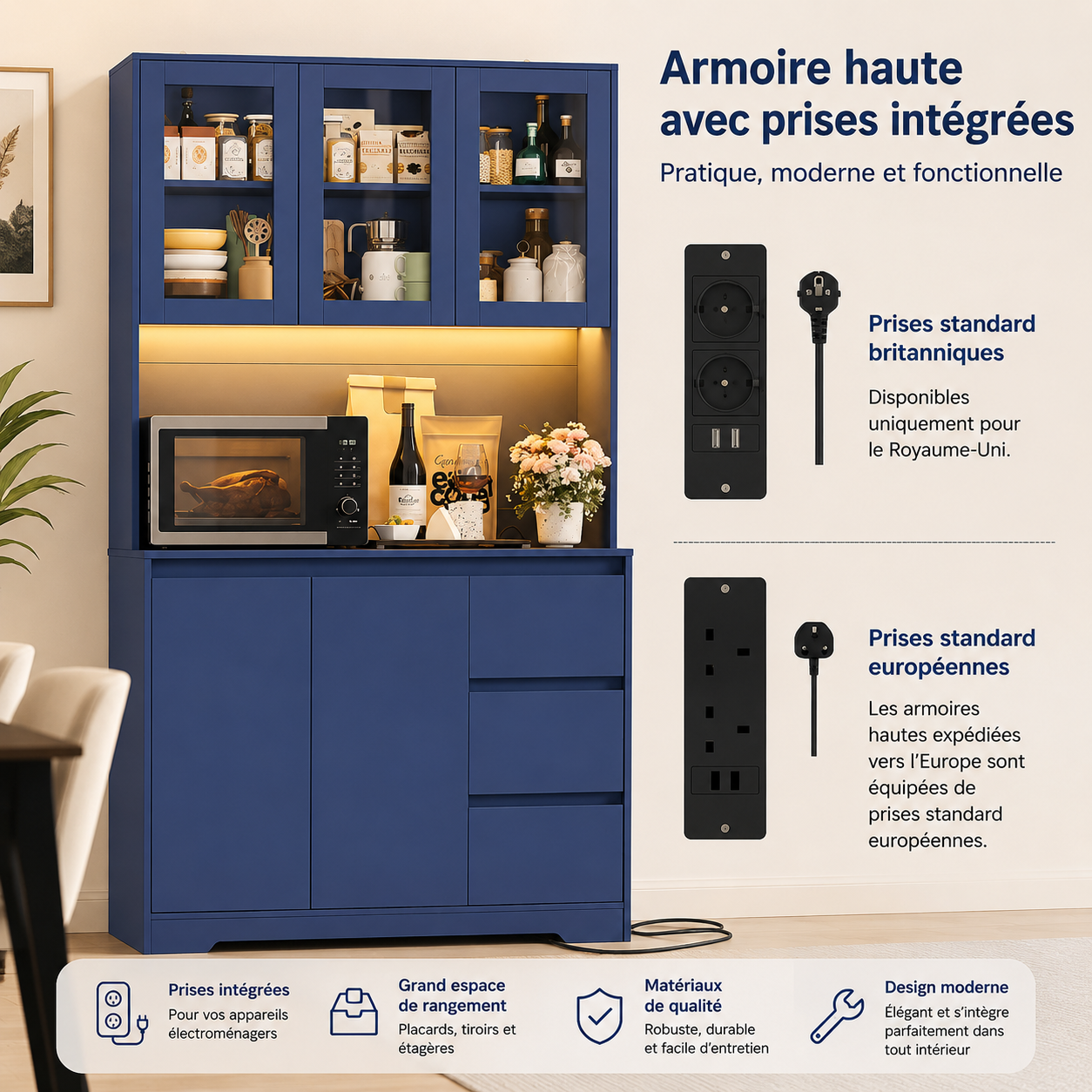 Buffet de cuisine avec prises intégrées et éclairage LED