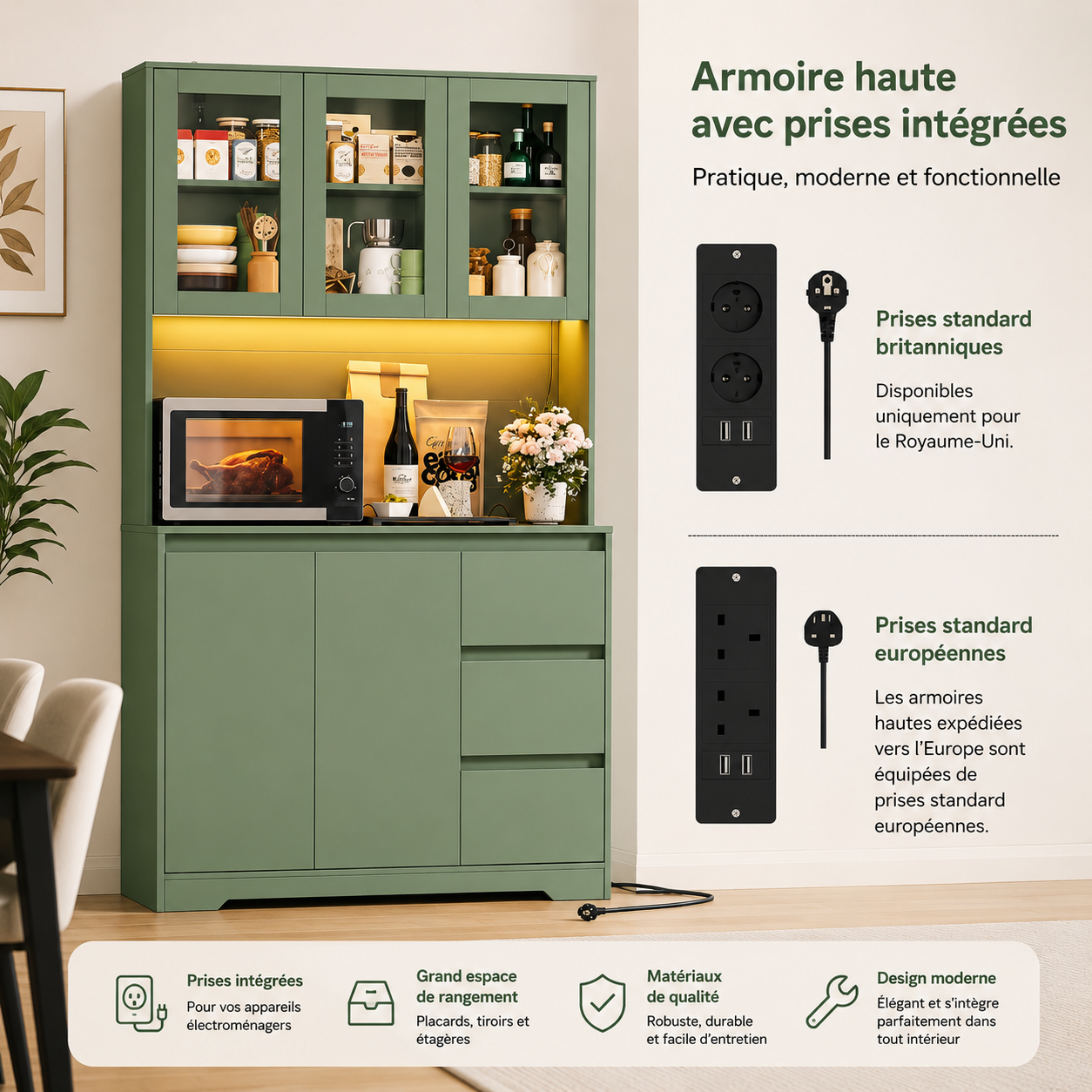 Buffet de cuisine avec prises intégrées et éclairage LED