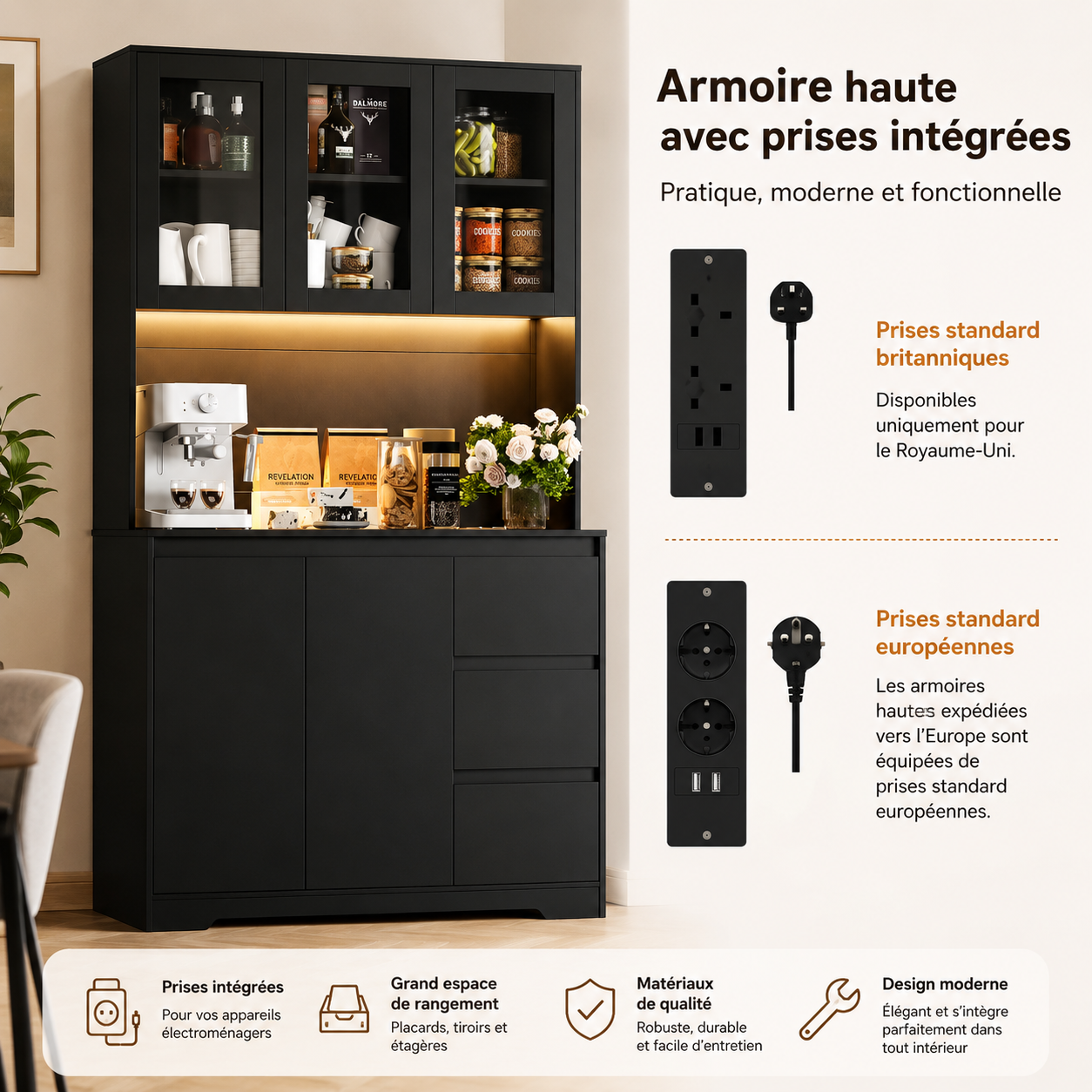 Buffet de cuisine avec prises intégrées et éclairage LED